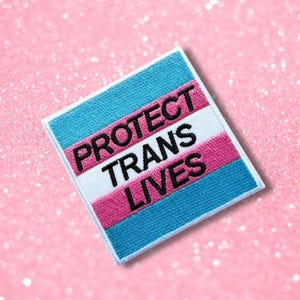 Puede incluir: Un parche bordado cuadrado con rayas horizontales en azul claro, rosa y blanco. El texto PROTECT TRANS LIVES está bordado en letras mayúsculas negras y negritas en el centro del parche, abarcando las tres franjas de colores.