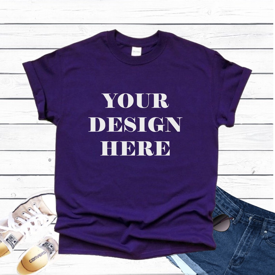 Gildan Purple T Shirt Mockup White Wood Background Shoes | Etsy