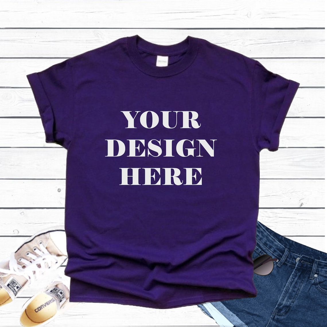 Download Gildan Purple T Shirt Mockup White Wood Background Shoes ...