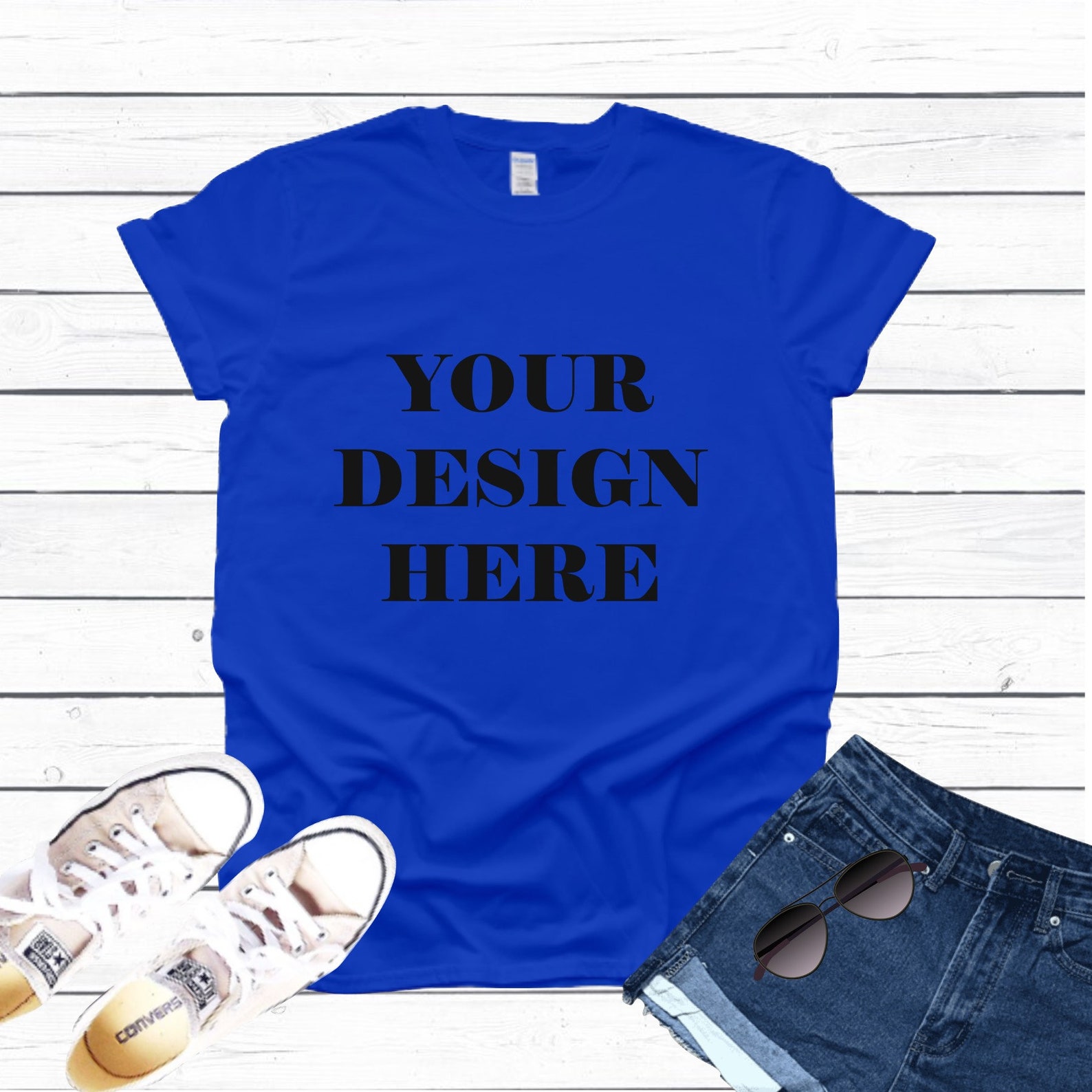 Gildan Neon Blue T Shirt Mockup White Wood Background Shoes | Etsy