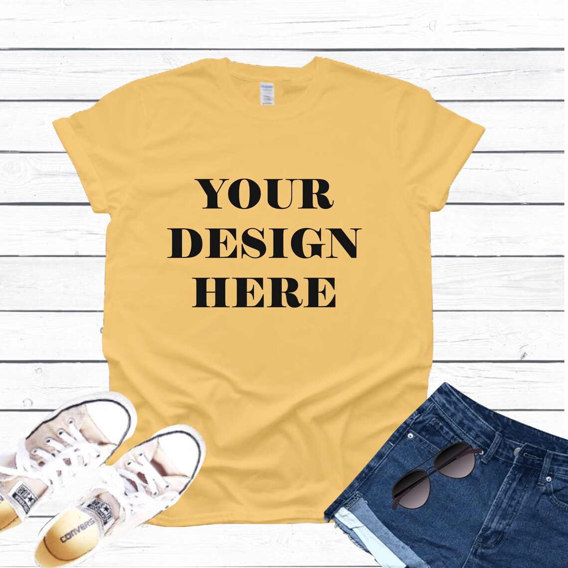 Download Gildan Yellow Haze T Shirt Mockup White Wood Background Shoes | Etsy