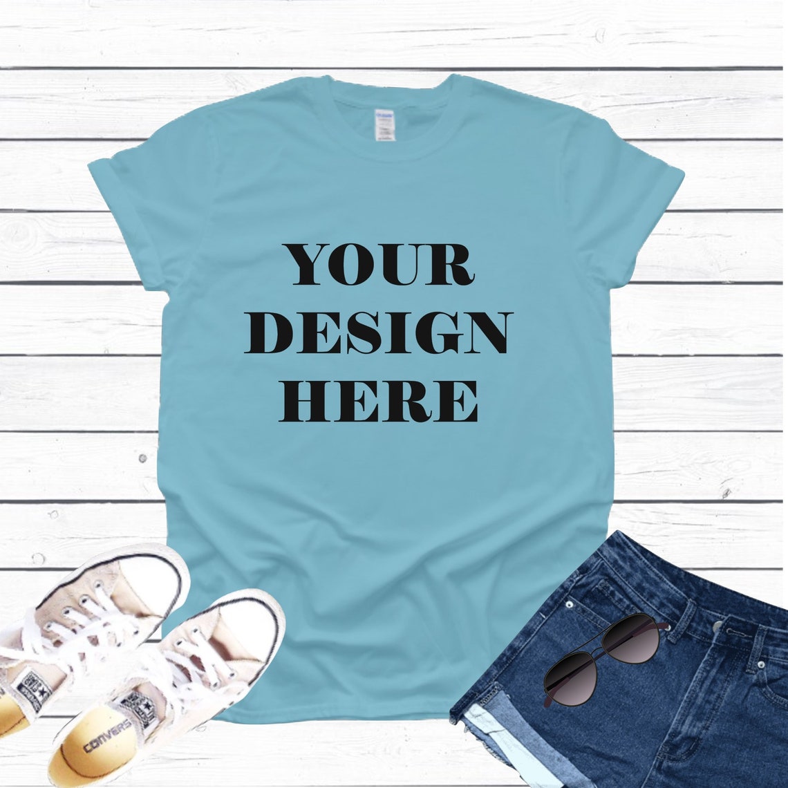 Gildan Sky Blue T Shirt Mockup White Wood Background Shoes | Etsy