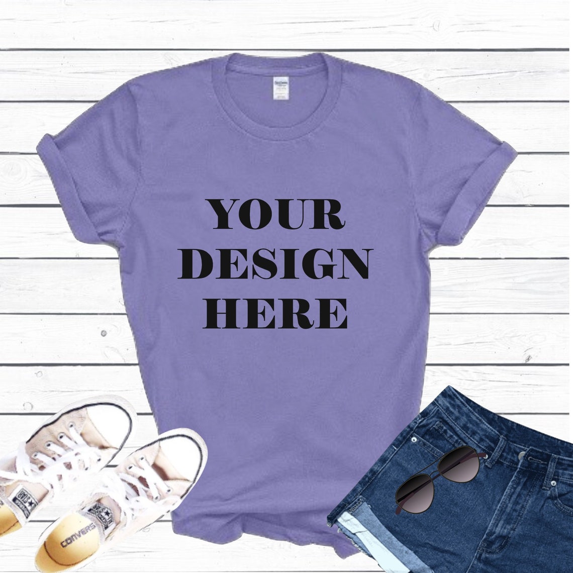 Download Gildan Violet T Shirt Mockup White Wood Background Shoes ...
