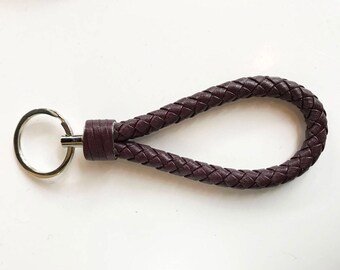 Porte-clés en cuir Bourgogne Vegan tressé porte-clés en cuir, simili cuir tressé trousseau de clés, Burdundy, porte-clés en cuir marron, porte-clé tressé