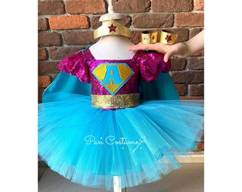 Disfraz de superhéroe personalizado, vestido de cumpleaños de superhéroe para niñas, disfraz de Halloween