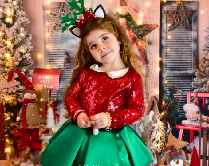 Reindeer Christmas Dress for Girls, Red and Green Christmas Dress, Holiday Party Dress for Toddler