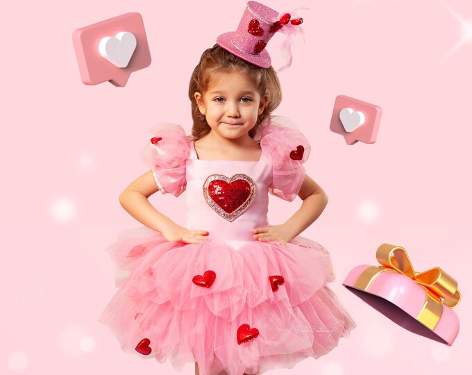 Pink Heart Dress for Girls, Valentines Day Dress for Toddler, Pink Tutu Dress, Halloween Costume