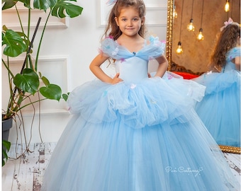 May include: A light blue tulle dress with a satin bodice and butterfly embellishments. The dress has a full skirt and is perfect for a special occasion.