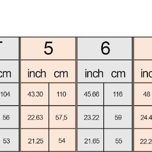 May include: Size chart for children's clothing with measurements in inches and centimetres. The chart shows sizes from 2T to 10, with measurements for height, chest, and waist.