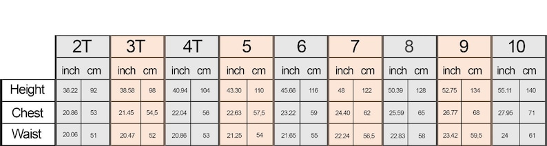 May include: Size chart for children's clothing with measurements in inches and centimetres. The chart shows sizes from 2T to 10, with measurements for height, chest, and waist.