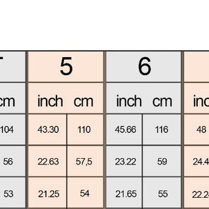 May include: Size chart for children's clothing with measurements in inches and centimeters. The chart shows sizes from 2T to 10, with measurements for height, chest, and waist.