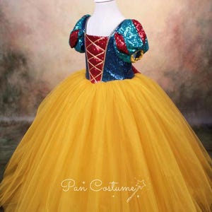 May include: A yellow tulle dress with a blue, red, and green sequined bodice. The bodice has a red and gold criss-cross design. The dress is for a child.