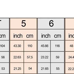 May include: Size chart for children's clothing with measurements in inches and centimeters. The chart shows sizes from 2T to 10, with measurements for height, chest, and waist.