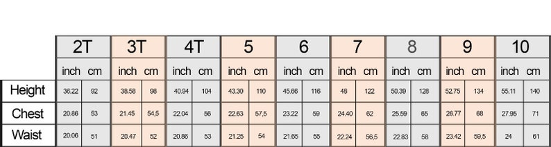 May include: Size chart for children's clothing with measurements in inches and centimeters. The chart shows sizes from 2T to 10, with measurements for height, chest, and waist.