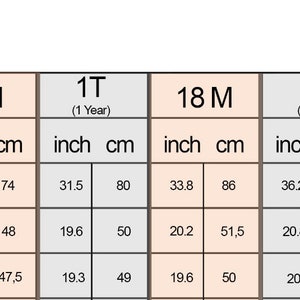 May include: Size chart for children's clothing with measurements in inches and centimeters. The chart shows sizes from 6 months to 4 years old. Measurements include height, chest, and waist.