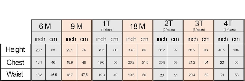 May include: Size chart for children's clothing with measurements in inches and centimeters. The chart shows sizes from 6 months to 4 years old. Measurements include height, chest, and waist.