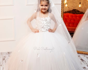 Vestido de primera comunión, vestido de desfile de niñas hecho a mano