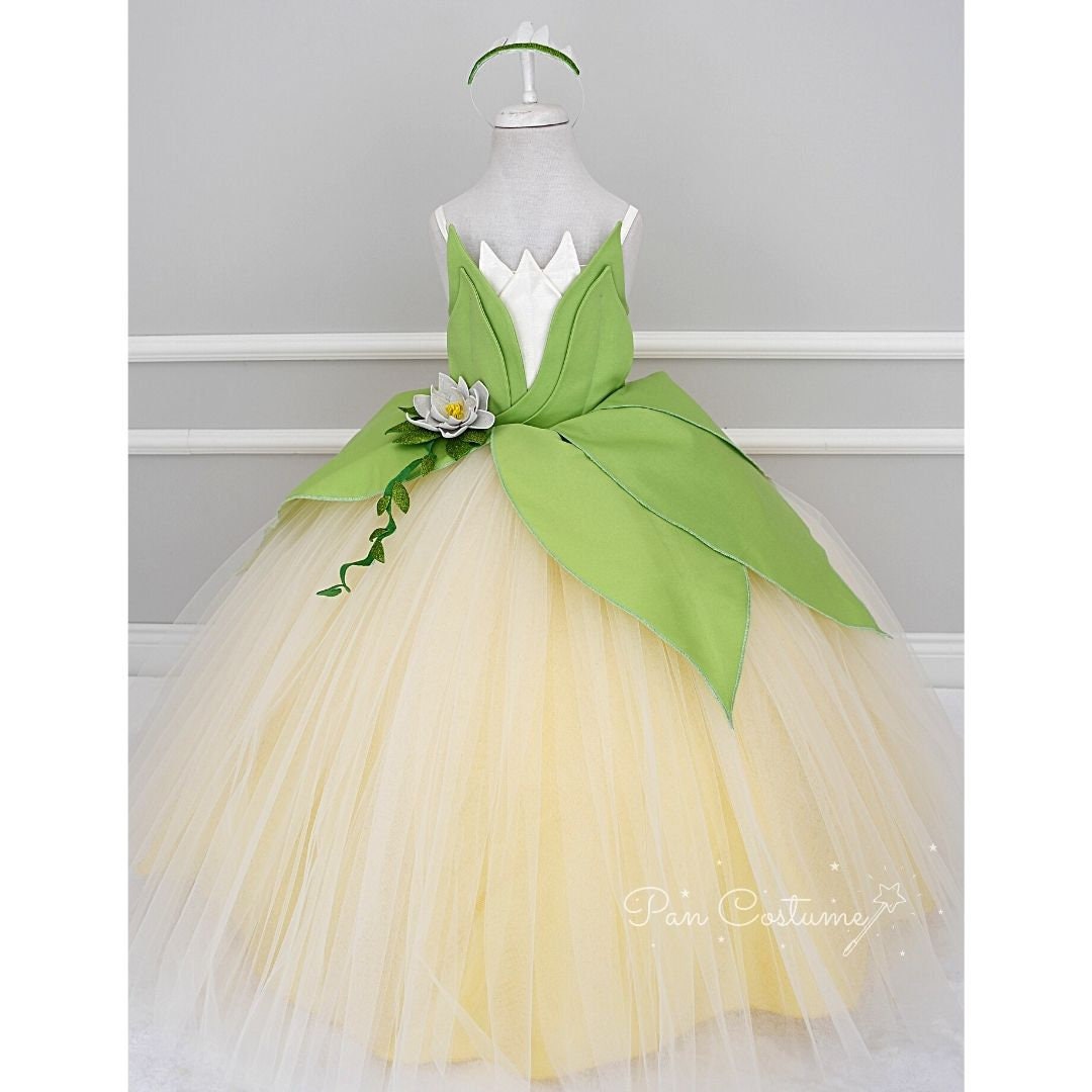 iCos Girl Hand Sewing Princess Tiana Dress Embroidery Layered Costume Party Ball Gown 