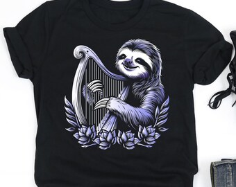 Sloth Playing Harp Shirt, Sloth Lover Shirt, Sloth  Lover Gift, Harp Player Shirt, Harpist Gift, V-Neck, Tank Top, Sweatshirt, Hoodie