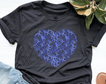 Colon Cancer Ribbon Heart Shirt, Cancer Awareness Shirt, Dark Blue Ribbon, Cancer Support Survivor, V-Neck, Tank Top, Sweatshirt, Hoodie