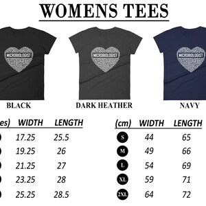May include: Three women's t-shirts in black, dark heather grey, and navy blue. Each shirt features a white heart-shaped graphic with the word "MICROBIOLOGIST" written inside. The shirts are available in sizes S, M, L, XL, and 2XL. Measurements are provided in inches and centimetres.
