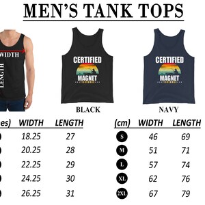 May include: A size chart for tank tops in black and navy blue. The tank tops feature a vintage-style graphic with the text "Certified Magnet" and a fishing lure. The chart shows measurements in inches and centimeters for sizes S, M, L, XL, and 2XL.