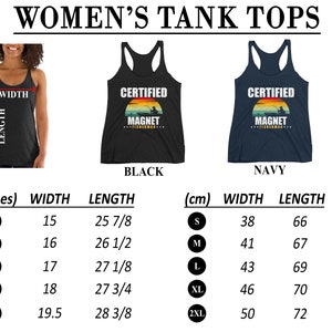May include: A size chart for women's tank tops in black and navy blue. The tank tops feature a sunset graphic with the text "Certified Magnet Fisherman". The chart shows measurements in inches and centimeters for sizes S, M, L, XL, and 2XL.