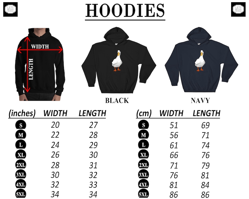Puede incluir: Sudaderas con capucha con un dise&ntilde;o de ganso de dibujos animados en negro y azul marino. Tabla de tallas en pulgadas y cent&iacute;metros para las tallas S, M, L, XL, 2XL, 3XL, 4XL y 5XL.