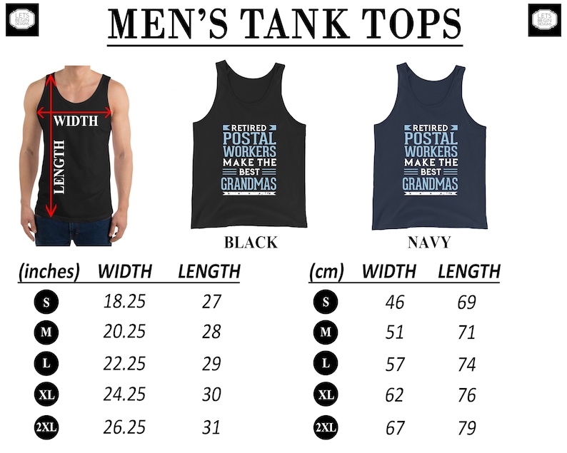 Pu&ograve; includere: Una tabella di taglie per canottiere in nero e blu navy. Le canottiere presentano il testo "Retired Postal Workers Make the Best Grandmas". La tabella mostra le misure in pollici e centimetri per le taglie S, M, L, XL e 2XL.