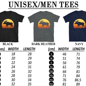 May include: Black, dark heather, and navy blue unisex t-shirts. Each shirt features a silhouette of a moose against a sunset. Size chart in inches and centimeters is included. The shirts are available in sizes S to 5XL.