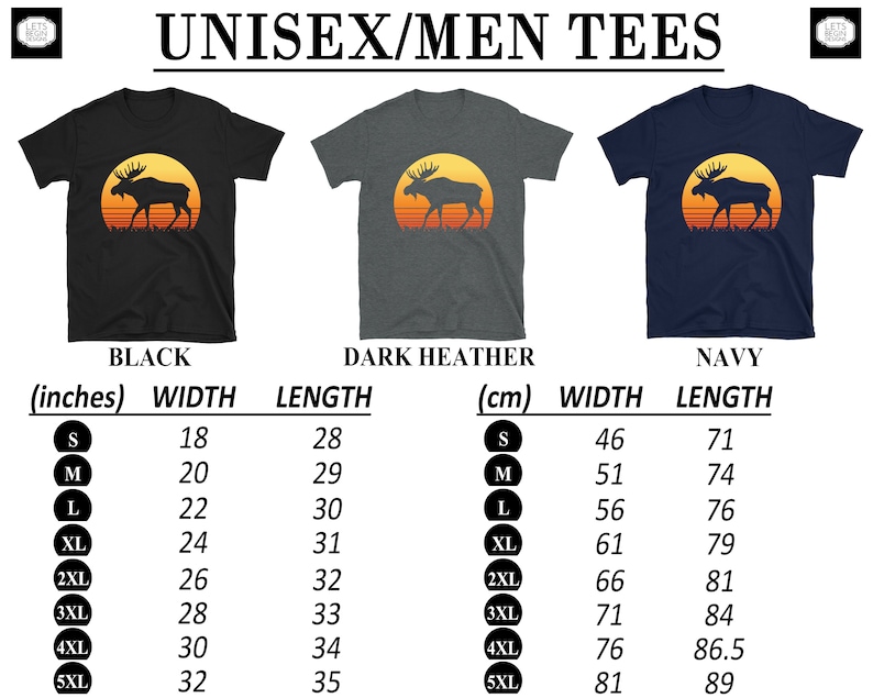 May include: Black, dark heather, and navy blue unisex t-shirts. Each shirt features a silhouette of a moose against a sunset. Size chart in inches and centimeters is included. The shirts are available in sizes S to 5XL.