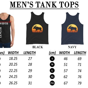 May include: Black and navy tank tops with a moose silhouette design against a sunset. The image includes size charts with measurements in inches and centimeters. The text at the top says "MEN'S TANK TOPS".