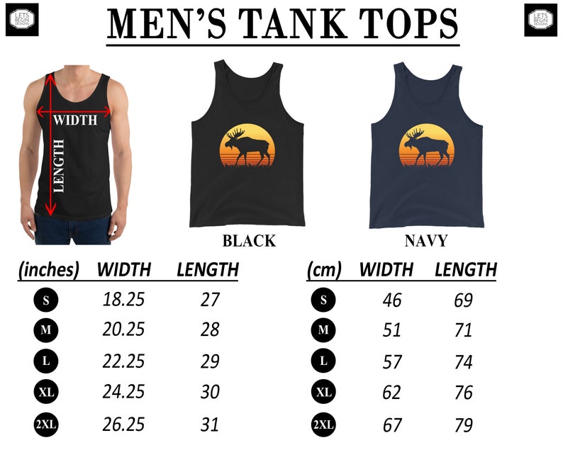 May include: Black and navy tank tops with a moose silhouette design against a sunset. The image includes size charts with measurements in inches and centimeters. The text at the top says "MEN'S TANK TOPS".