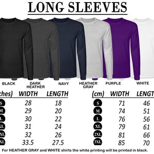 K&ouml;nnte beinhalten: Gr&ouml;&szlig;entabelle f&uuml;r Langarmshirts in Schwarz, Dunkelgrau meliert, Marine, Hellgrau meliert, Lila und Wei&szlig;. Die Tabelle zeigt die Breite und L&auml;nge in Zoll und Zentimetern f&uuml;r die Gr&ouml;&szlig;en S, M, L, XL, 2XL und 3XL.