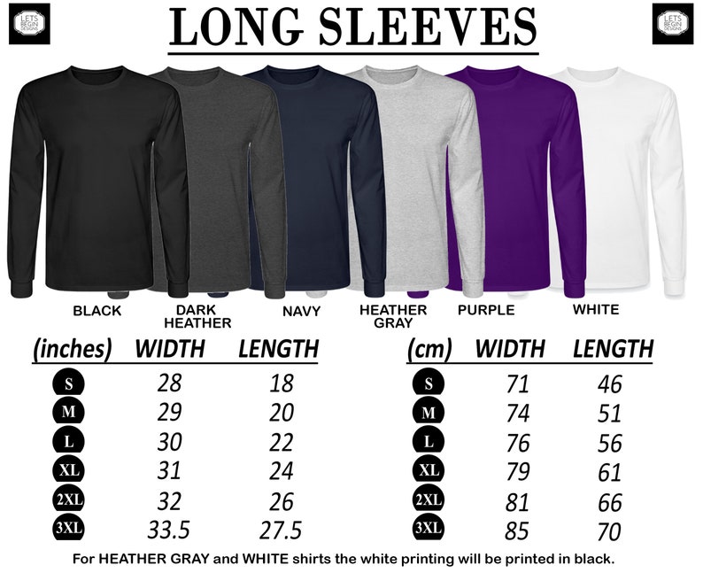 K&ouml;nnte beinhalten: Gr&ouml;&szlig;entabelle f&uuml;r Langarmshirts in Schwarz, Dunkelgrau meliert, Marine, Hellgrau meliert, Lila und Wei&szlig;. Die Tabelle zeigt die Breite und L&auml;nge in Zoll und Zentimetern f&uuml;r die Gr&ouml;&szlig;en S, M, L, XL, 2XL und 3XL.
