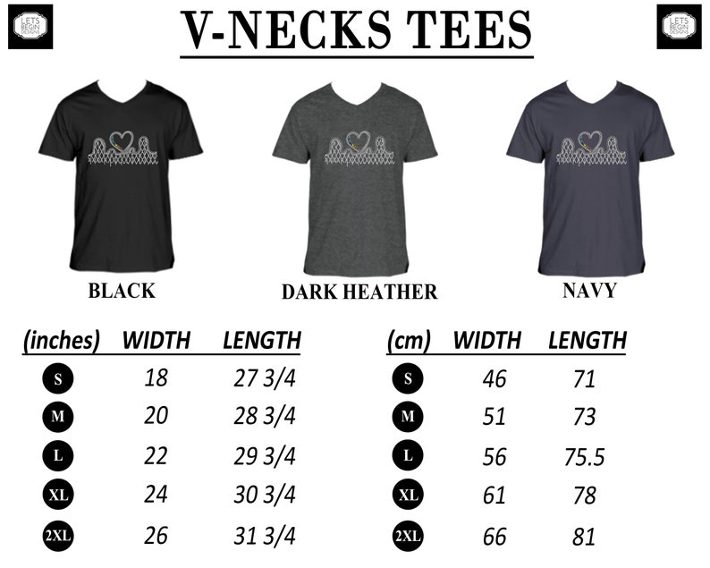 May include: Black, dark heather, and navy V-neck tees with a heart and rainbow design. The shirts come in sizes S-2XL, with widths from 18 to 26 inches and lengths from 27 3/4 to 31 3/4 inches. The image also includes the text "V-NECKS TEES".