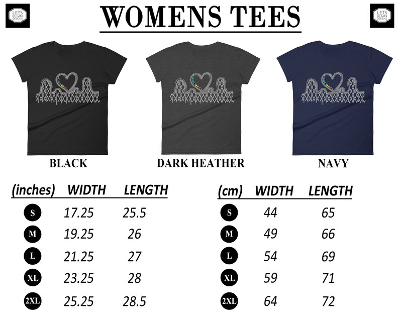 May include: Black, dark heather, and navy t-shirts with a roller coaster heart graphic. The shirts have a crew neck and short sleeves. Measurements are provided in inches and centimeters for width and length.