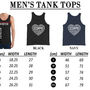 May include: Two tank tops with a heart design featuring the word "SCORPIO" in white text. The tank tops are available in black and navy blue. A size chart is included with measurements in inches and centimeters.