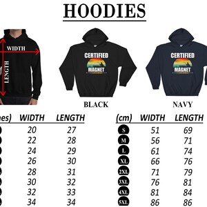 May include: A size chart for hoodies in black and navy blue. The chart shows the width and length measurements in inches and centimeters for sizes S through 5XL.