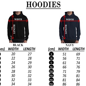 May include: Size chart for hoodies in black and navy colors. The chart shows measurements in inches and centimeters for width and length. Sizes range from S to 5XL.