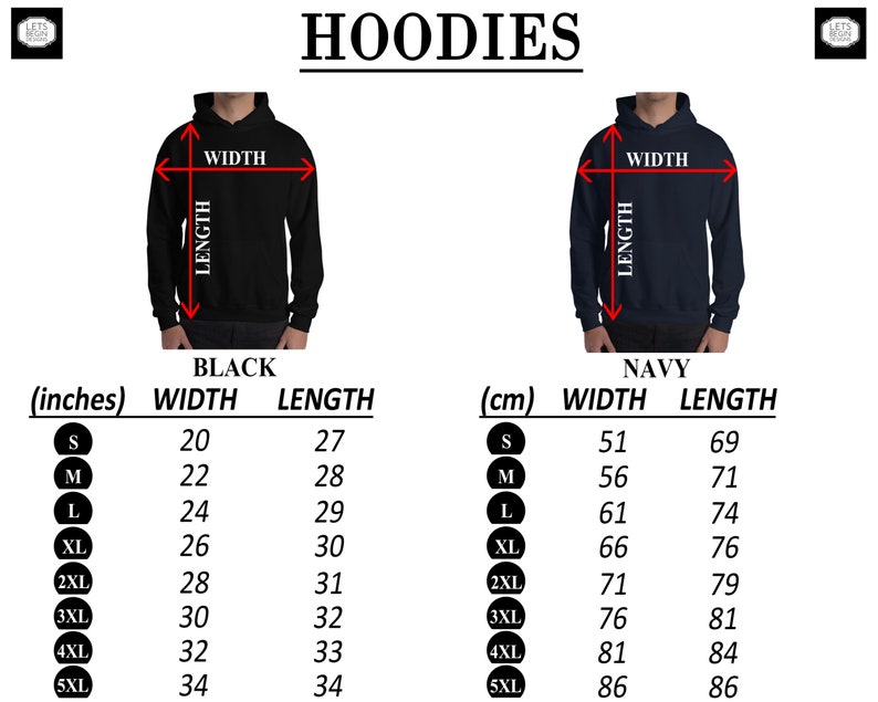 May include: Size chart for hoodies in black and navy colors. The chart shows measurements in inches and centimeters for width and length. Sizes range from S to 5XL.