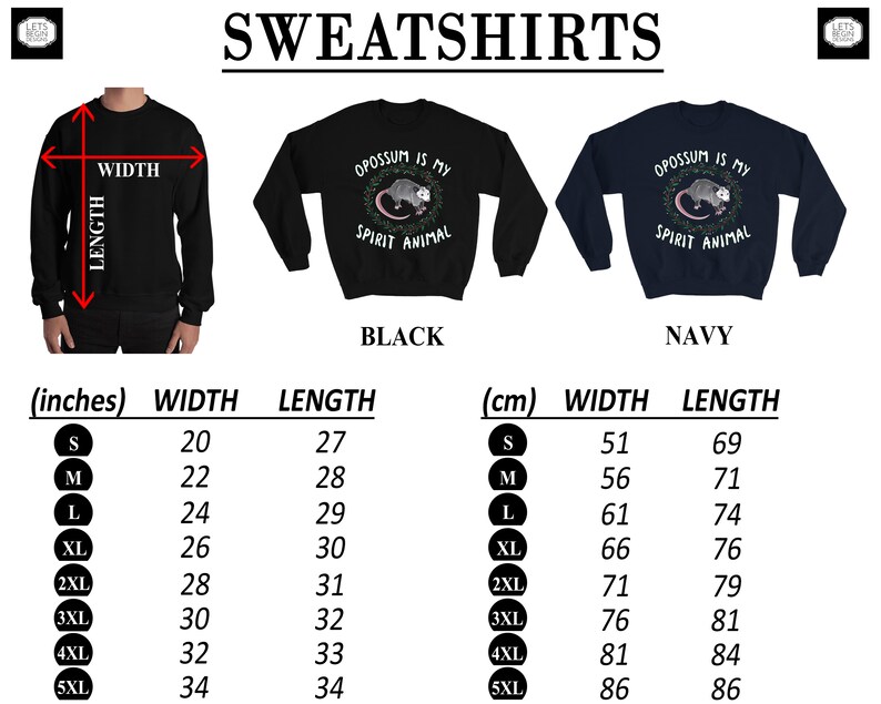 May include: Black and navy blue sweatshirts with the text "Opossum is my spirit animal" and a possum graphic. Size chart in inches and centimeters.