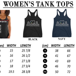May include: Black and navy tank tops with a roller coaster heart design. The image shows the width and length measurements in inches. Sizes range from S to 2XL, with widths from 15 to 19.5 inches and lengths from 25 7/8 to 28 3/8 inches.