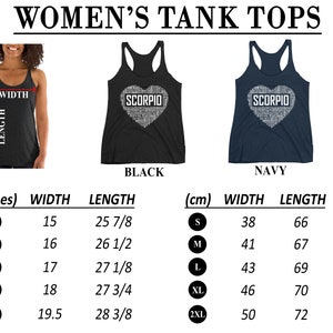 May include: A size chart for women's tank tops in black and navy blue. The tank tops feature a white heart with the word "SCORPIO" written inside. The chart shows measurements in inches and centimeters for width and length.
