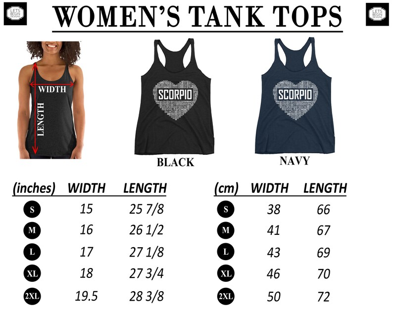 May include: A size chart for women's tank tops in black and navy blue. The tank tops feature a white heart with the word "SCORPIO" written inside. The chart shows measurements in inches and centimeters for width and length.