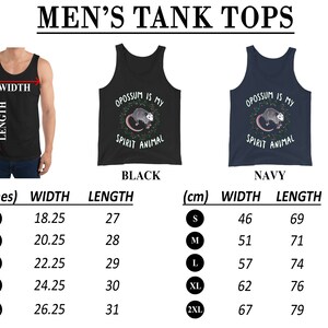 May include: A size chart for tank tops in black and navy blue. The tank tops feature a graphic of an opossum with the text "Opossum is my spirit animal". The chart shows measurements in inches and centimeters for sizes S, M, L, XL, and 2XL.