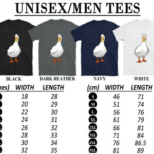 Puede incluir: Camiseta unisex con un dise&ntilde;o de pato de dibujos animados. La camiseta est&aacute; disponible en negro, gris oscuro jaspeado, azul marino y blanco. La tabla de tallas muestra las medidas en pulgadas y cent&iacute;metros para las tallas S-5XL.