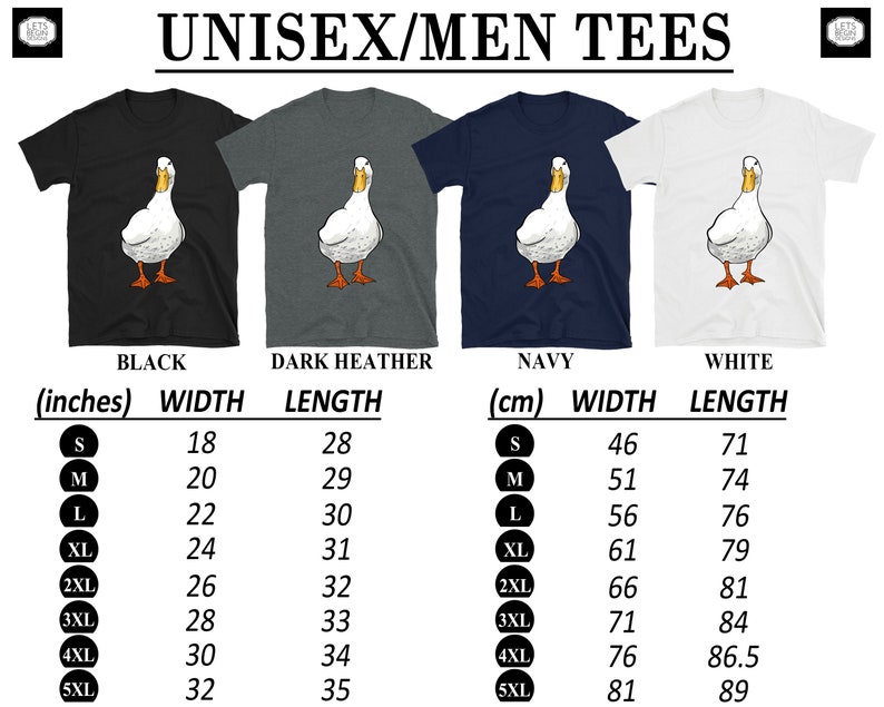 Puede incluir: Camiseta unisex con un dise&ntilde;o de pato de dibujos animados. La camiseta est&aacute; disponible en negro, gris oscuro jaspeado, azul marino y blanco. La tabla de tallas muestra las medidas en pulgadas y cent&iacute;metros para las tallas S-5XL.