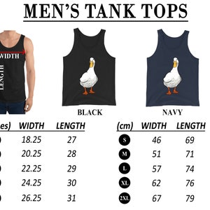 Puede incluir: Tabla de tallas para camisetas de tirantes en negro y azul marino con un gr&aacute;fico de pato blanco. La tabla muestra las medidas en pulgadas y cent&iacute;metros para las tallas S, M, L, XL y 2XL.