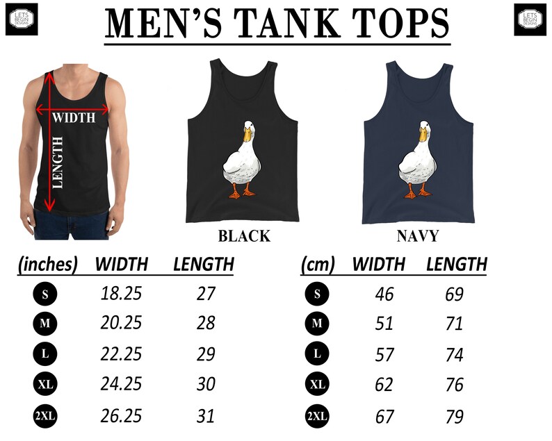 Puede incluir: Tabla de tallas para camisetas de tirantes en negro y azul marino con un gr&aacute;fico de pato blanco. La tabla muestra las medidas en pulgadas y cent&iacute;metros para las tallas S, M, L, XL y 2XL.